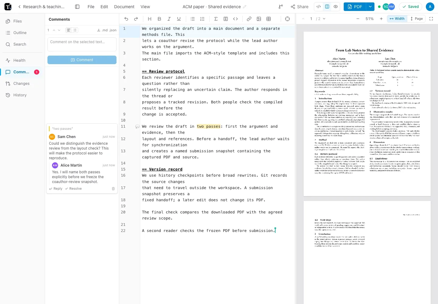 Alice and Sam editing the ACM methods section with a shared review thread