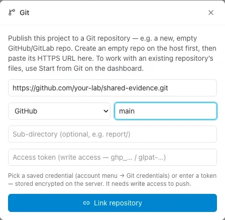 Git setup for the example ACM paper, with an illustrative HTTPS repository URL and branch