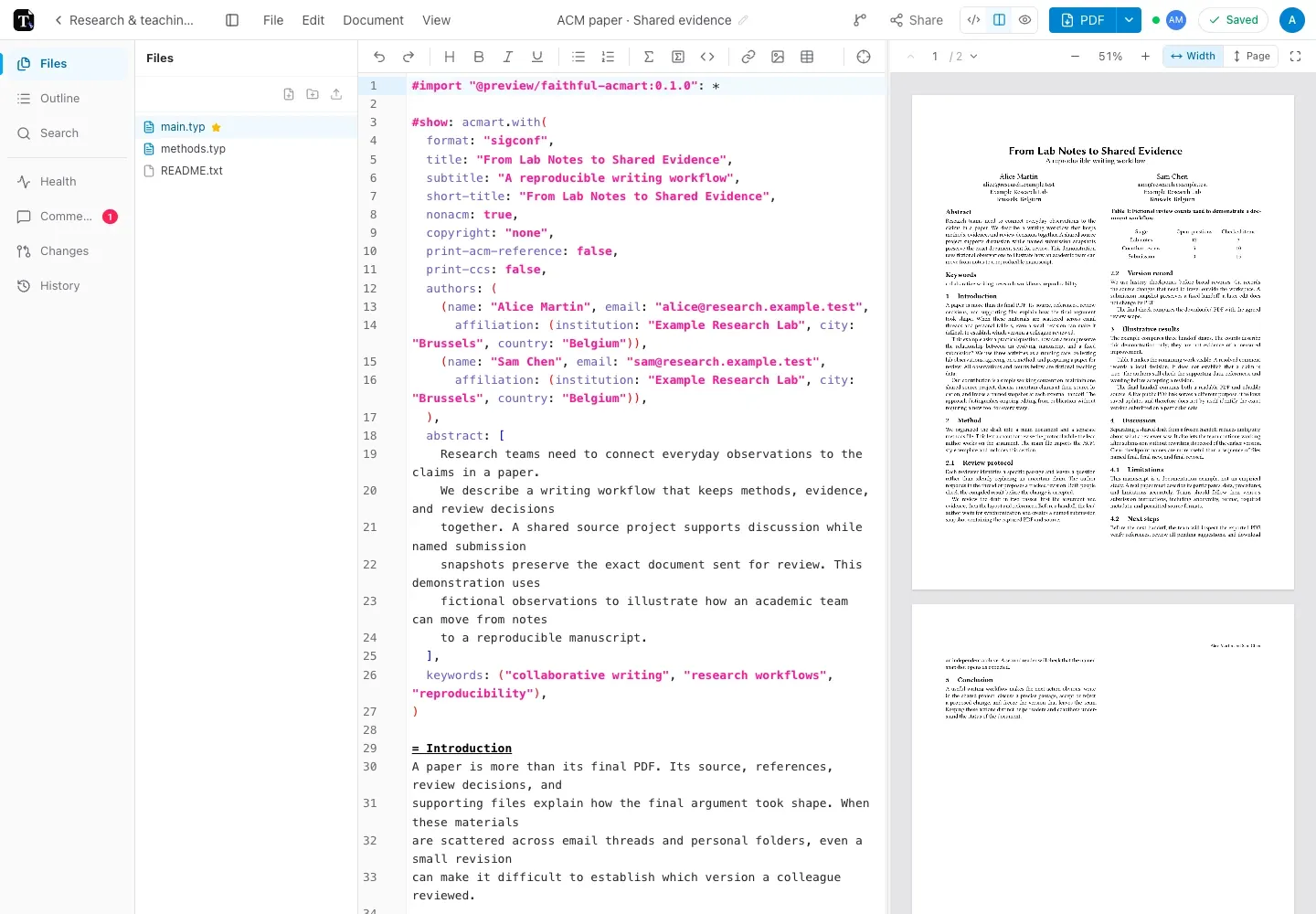 Tylor editor showing an ACM manuscript with source files and a live PDF preview