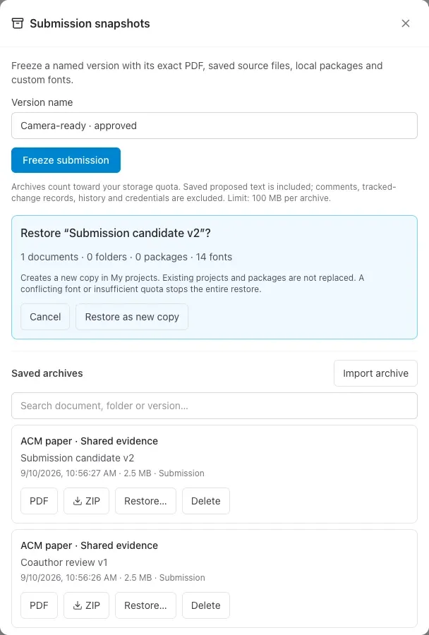 Archive restoration preview explaining the new copy and its captured dependencies