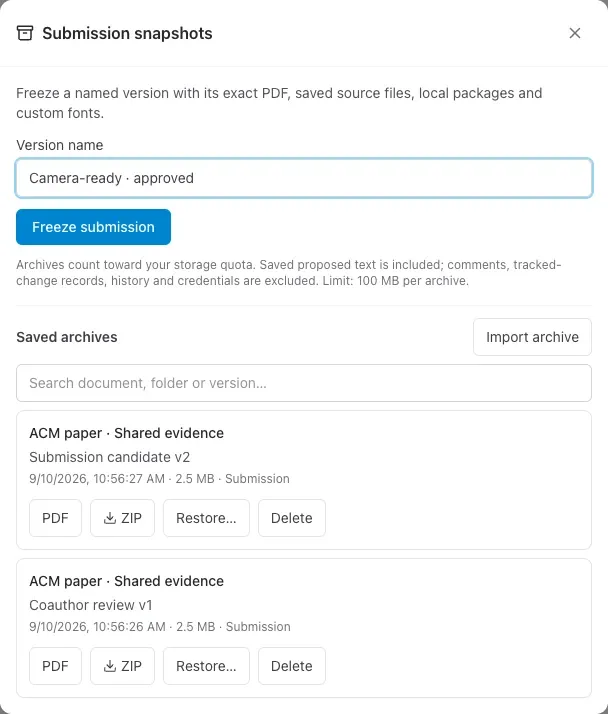 Two frozen versions of the example paper, with separate PDF and source archive downloads