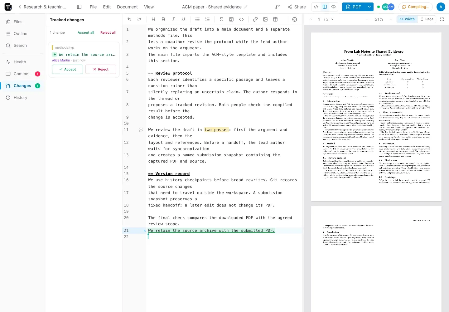 Tylor’s tracked-changes panel and marked source text in the sample academic manuscript