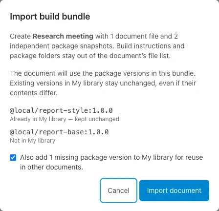Build bundle import review showing one existing package version, one missing version, and the option to add missing packages to My library