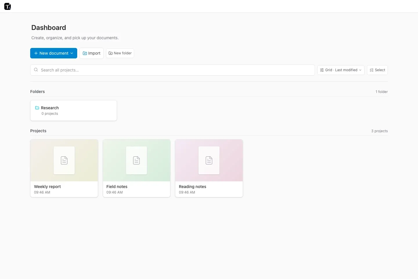 Tylor dashboard with sample documents and a Research folder