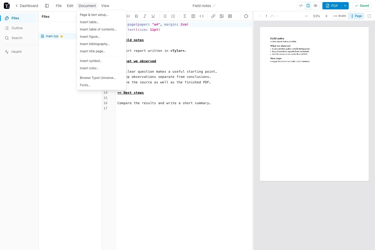 Tylor Document menu with insertion tools for tables, figures, bibliography, symbols, and page setup