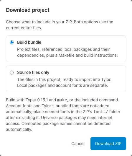 Download project dialog offering a build bundle with local packages or source files only