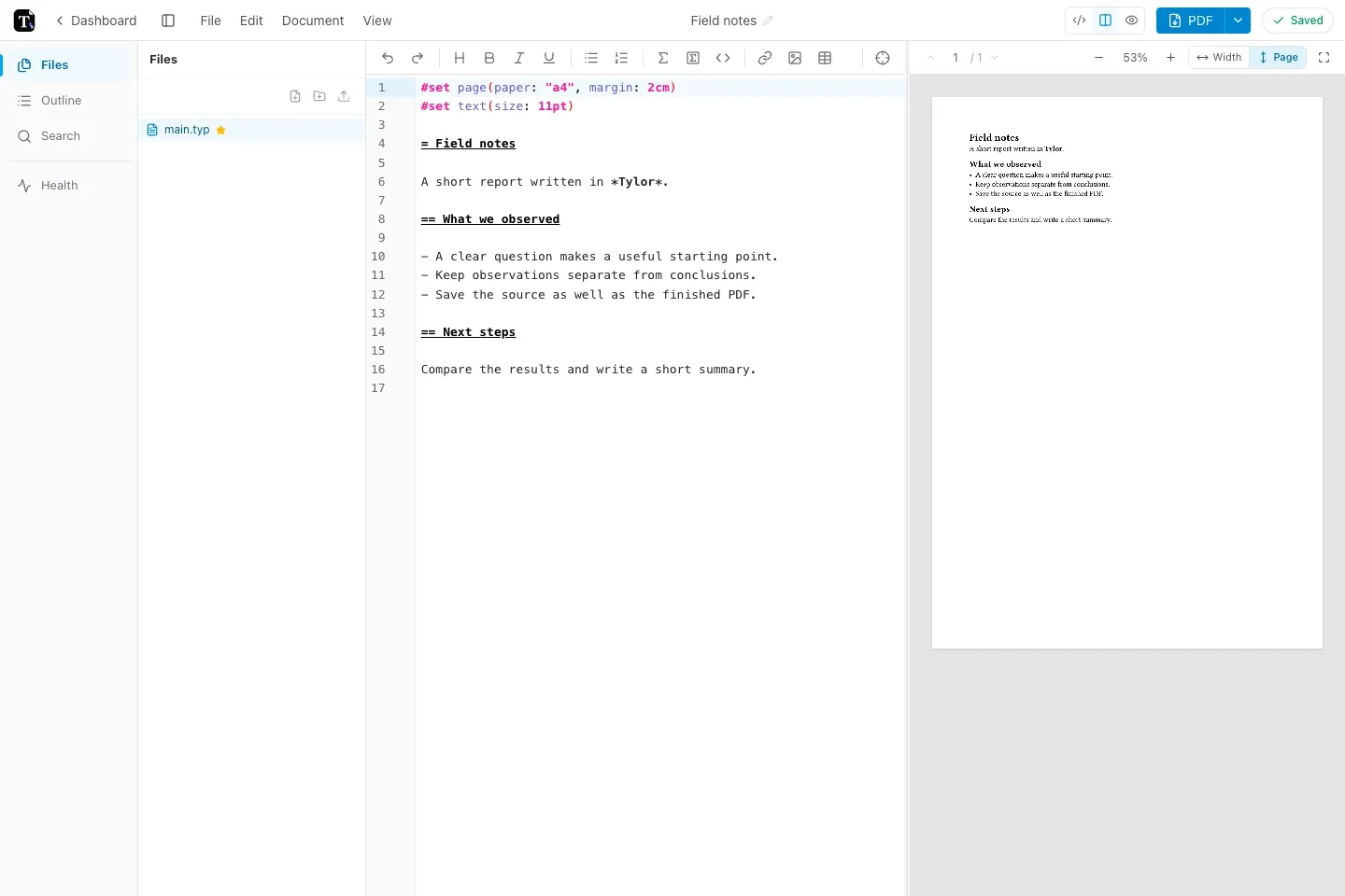 Tylor editor showing the Field notes source beside its compiled page