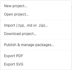 File menu with Download project, Publish and manage packages, Export PDF, and Export SVG