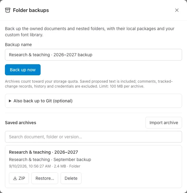 Folder backup dialog with a saved research and teaching archive