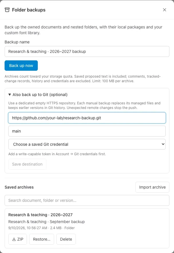 Optional Git destination settings for a research-folder backup