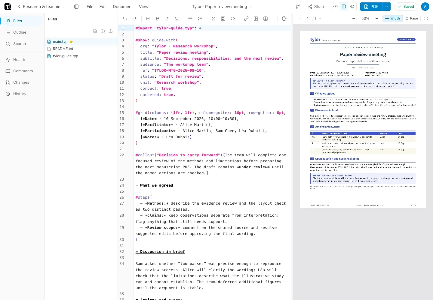 A Tylor meeting-report project with editable source and a compiled page