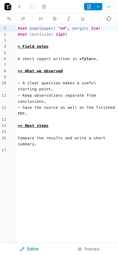 Mobile source editor with the formatting toolbar and Editor and Preview tabs