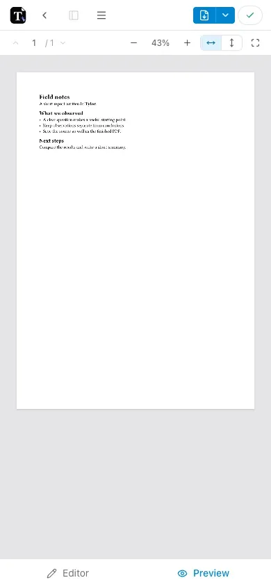 Mobile preview of the Field notes document with the Editor and Preview tabs