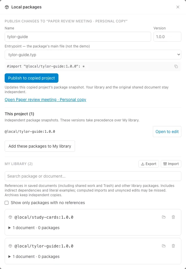 Package source ready to publish to Paper review meeting · Personal copy, with its name, version, entrypoint, and destination visible