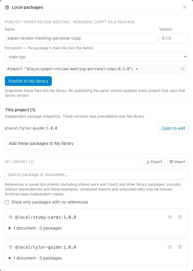 A personal copy of the meeting report has its own tylor-guide snapshot under This project, above the account library