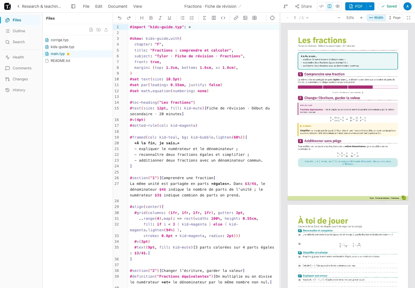 A revision-sheet project with separate content, correction, and reusable layout files in Tylor